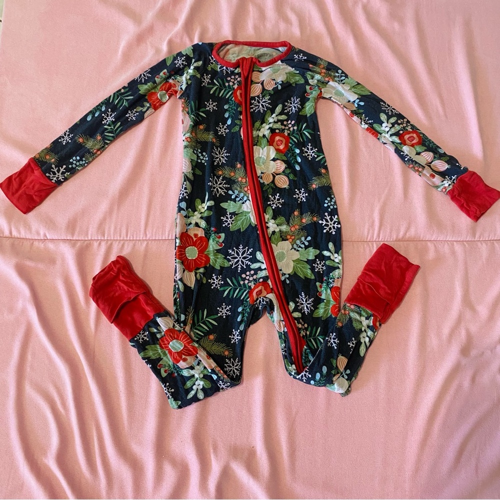 Little Sleepies Festive Floral Kids Footie - Red and Green